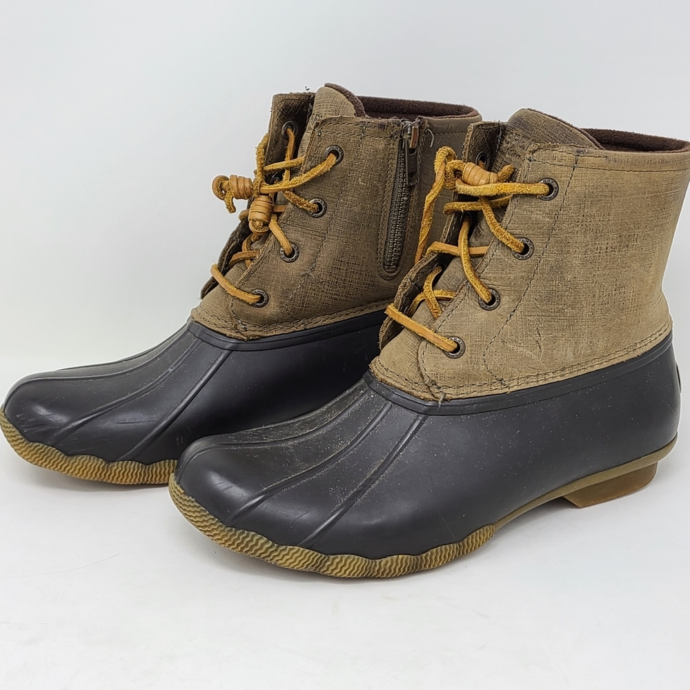 Sperry Saltwater Rain Duck Boots Ankle Zip Women Brown Leather STS99729 Size 8